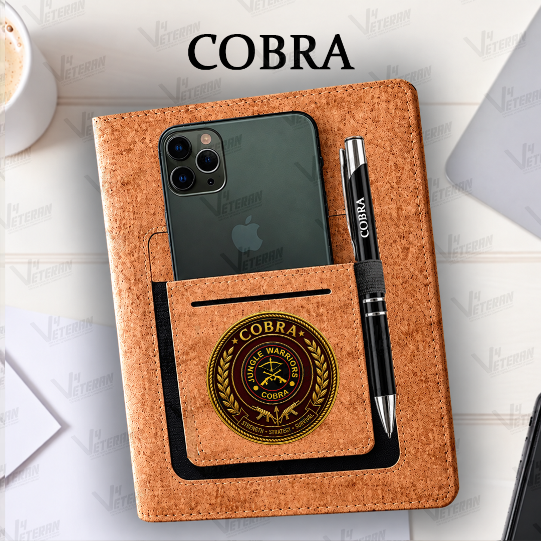 Classic Cobra Office Notebook with Phone–Card Pocket & Elastic Pen Loop - Cork