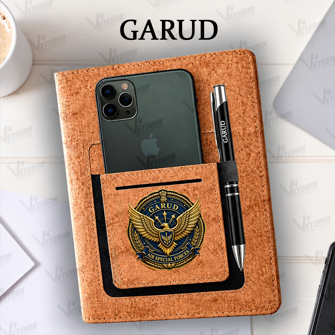 Legacy Garud (Veteran) Office Notebook with Phone–Card Pocket & Elastic Pen Loop (cork)