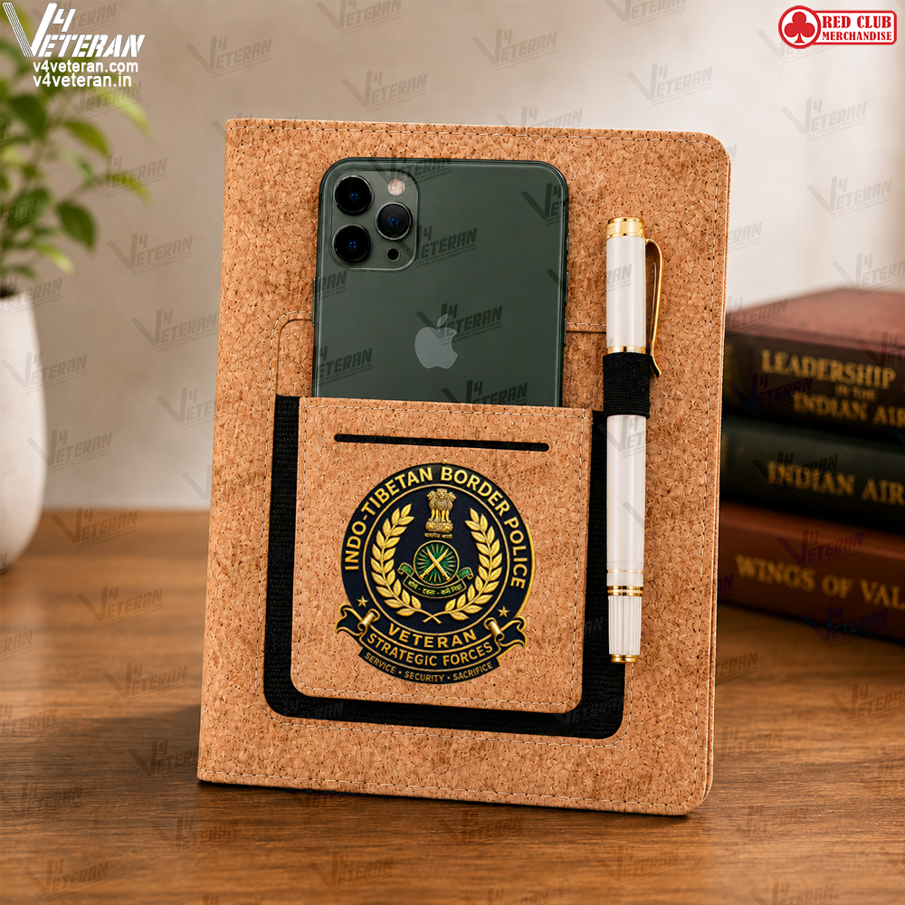 Legacy ITBP (Veteran) Office Notebook with Phone–Card Pocket & Elastic Pen Loop (cork)