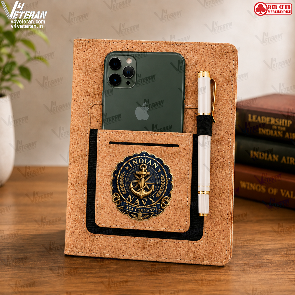 Legacy Indian Navy (Veteran) Office Notebook with Phone–Card Pocket & Elastic Pen Loop (cork)