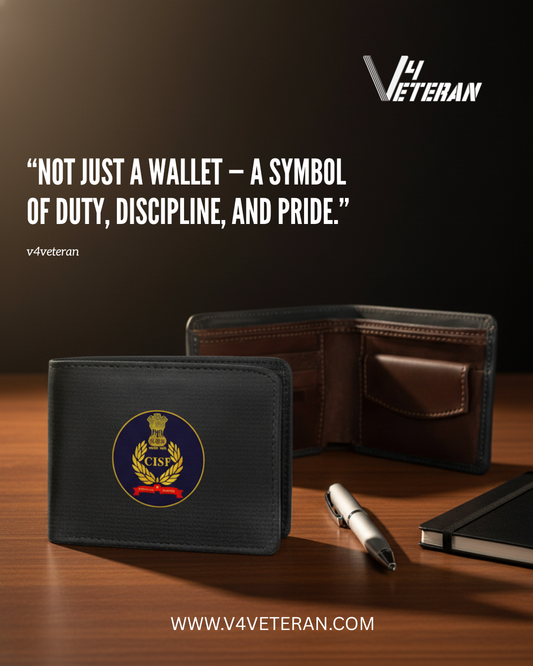 V4Veteran Black Genuine Leather Wallet – CISF Edition