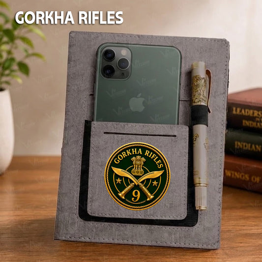 Classic Gorkha Rifles Office Notebook with Phone–Card Pocket & Elastic Pen Loop