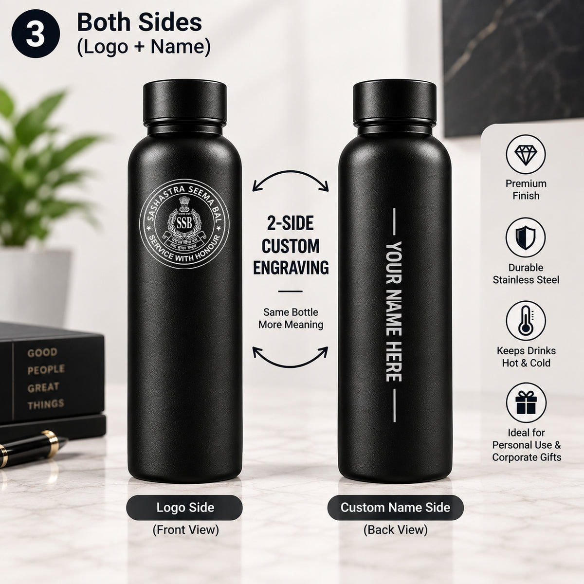 Personalised Stainless Steel Bottle 500ml | Custom Logo & Name Engraving | Matte Black Water Bottle | Premium Corporate Gift