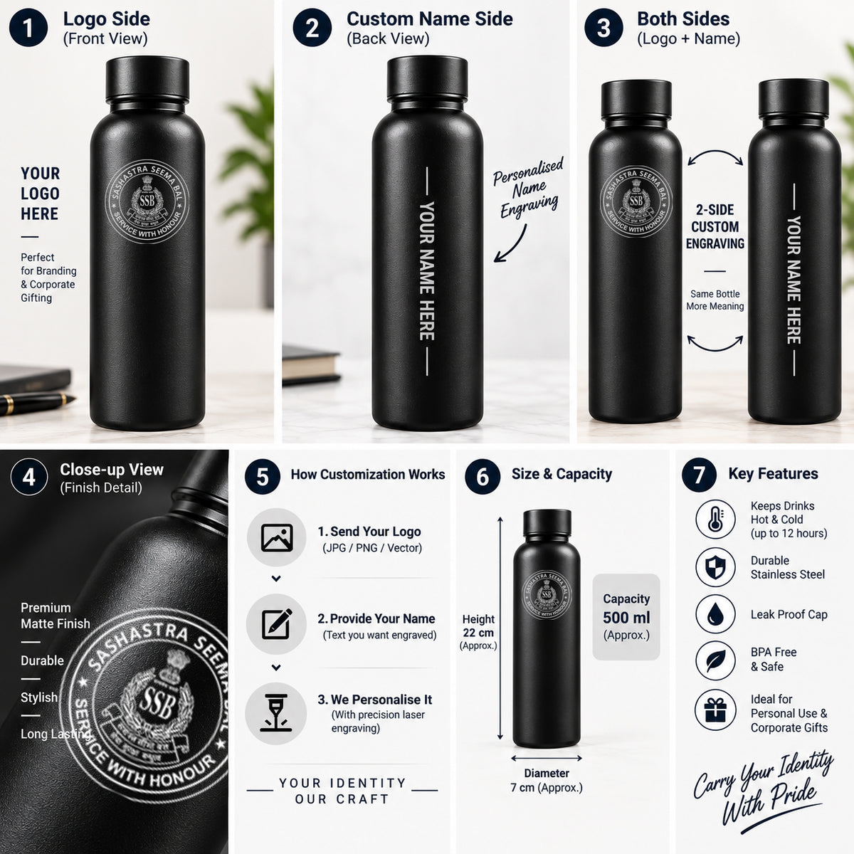 Personalised Stainless Steel Bottle 500ml | Custom Logo & Name Engraving | Matte Black Water Bottle | Premium Corporate Gift