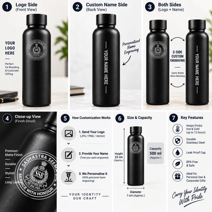 Personalised Stainless Steel Bottle 500ml | Custom Logo & Name Engraving | Matte Black Water Bottle | Premium Corporate Gift