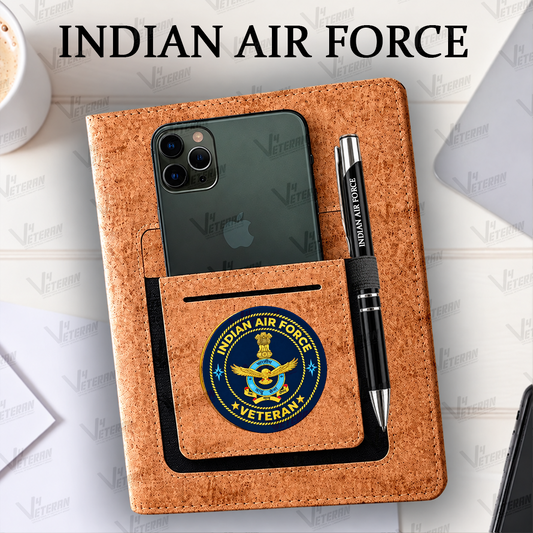Classic Indian Air Force (Veteran) Office Notebook with Phone–Card Pocket & Elastic Pen Loop (cork)