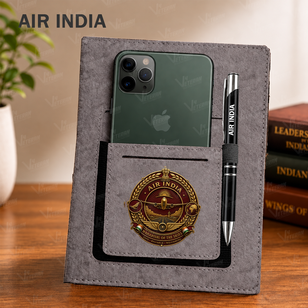 Classic Air India Office Notebook with Phone–Card Pocket & Elastic Pen Loop