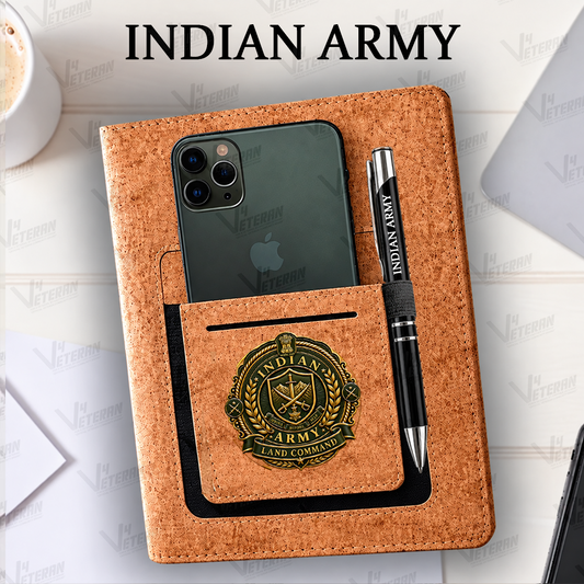 Legacy Indian Army (Veteran) Office Notebook with Phone–Card Pocket & Elastic Pen Loop (cork)