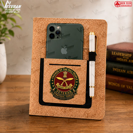 Legacy Assam Rifles (Veteran) Office Notebook with Phone–Card Pocket & Elastic Pen Loop (cork)
