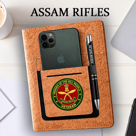 Classic Assam Rifles (Veteran) Office Notebook with Phone–Card Pocket & Elastic Pen Loop (cork)