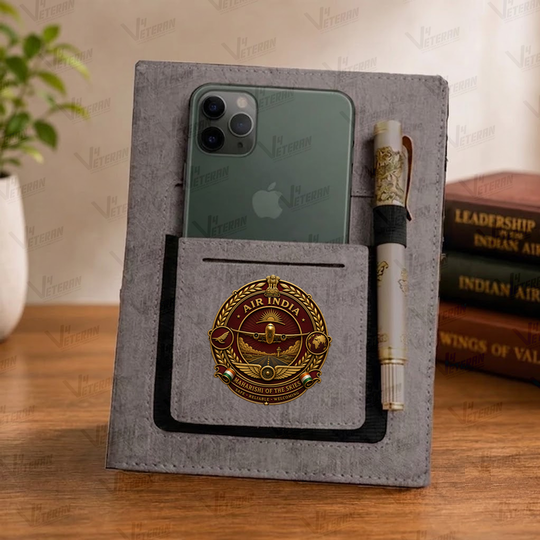 Classic Air India Office Notebook with Phone–Card Pocket & Elastic Pen Loop