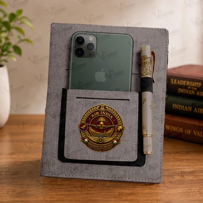 Classic Air India Office Notebook with Phone–Card Pocket & Elastic Pen Loop