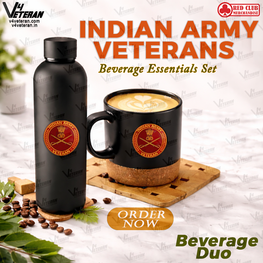 Indian Army Veterans-Matte Black Bottle & Cork-Base Mug Set