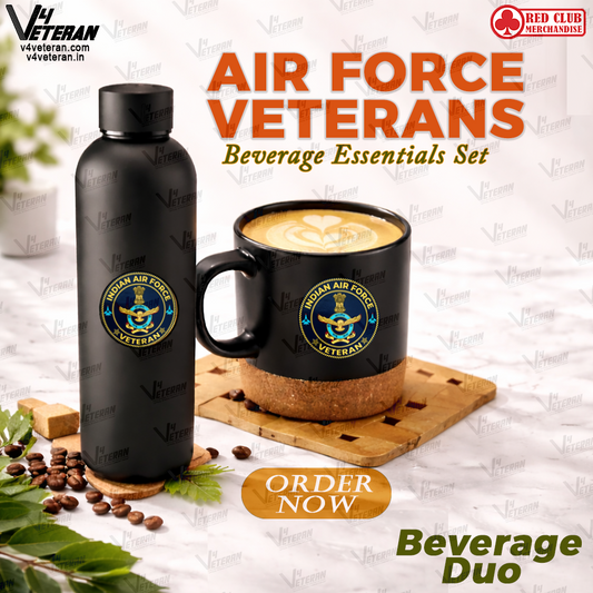 Indian Air Force Veterans-Matte Black Bottle & Cork-Base Mug Set
