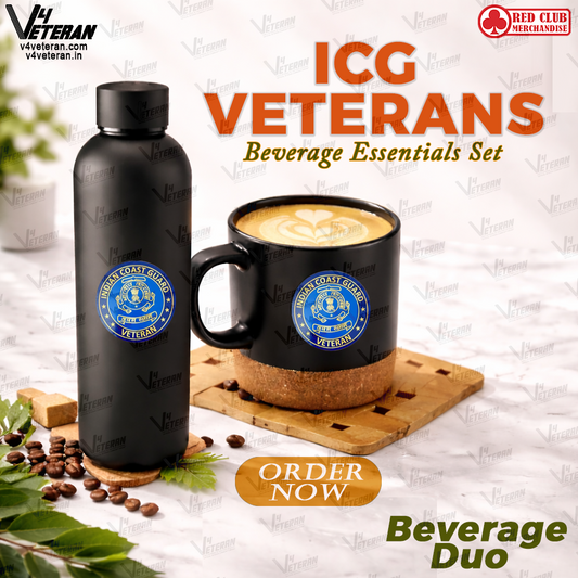 Indian Coast Guard Veterans-Matte Black Bottle & Cork-Base Mug Set