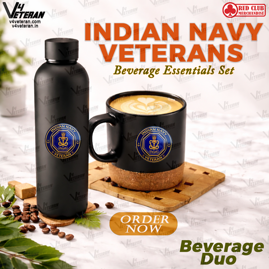 Indian Navy Veterans-Matte Black Bottle & Cork-Base Mug Set