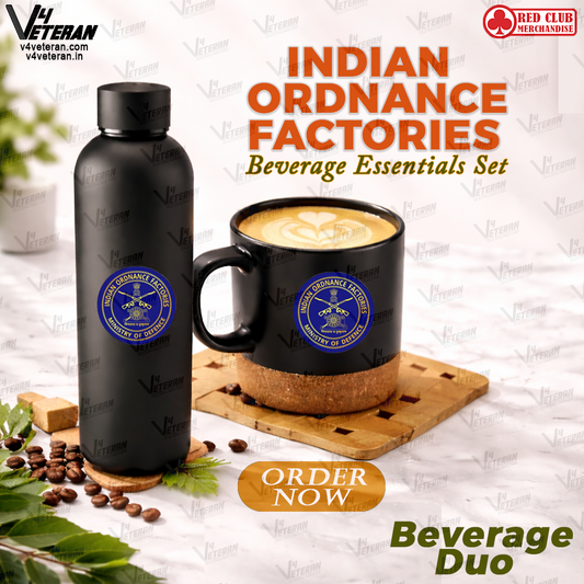 Indian Ordnance Factories Veterans-Matte Black Bottle & Cork-Base Mug Set