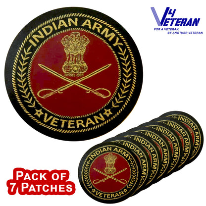 Indian Army Veteran Iron-On Woven/ Embroidered Patches (DIY) for T-Shirts, Bags, Tracksuits & Waistcoats (Pack of 7)
