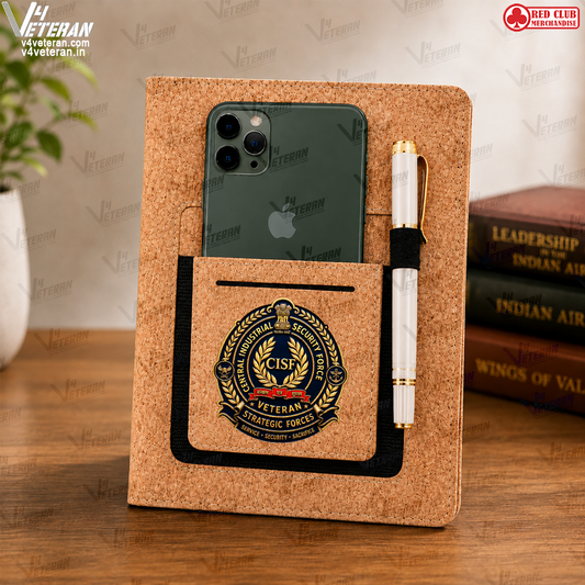 Legacy CISF (Veteran) Office Notebook with Phone–Card Pocket & Elastic Pen Loop (cork)
