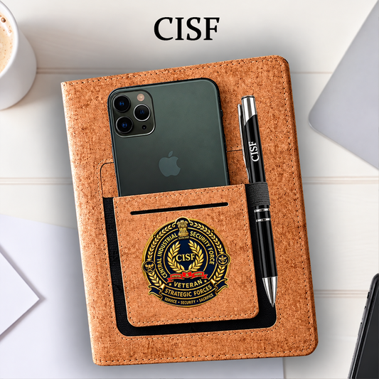 Legacy CISF (Veteran) Office Notebook with Phone–Card Pocket & Elastic Pen Loop (cork)