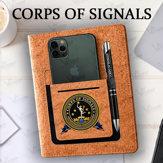 Classic Corps of Signals Office Notebook with Phone–Card Pocket & Elastic Pen Loop - Cork