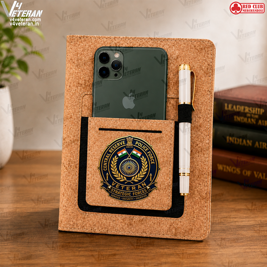 Legacy CRPF (Veteran) Office Notebook with Phone–Card Pocket & Elastic Pen Loop (cork)