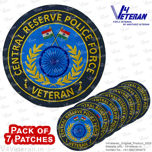 CRPF Veteran Iron-On Woven/ Embroidered Patches (DIY) for T-Shirts, Bags, Tracksuits & Waistcoats (Pack of 7)