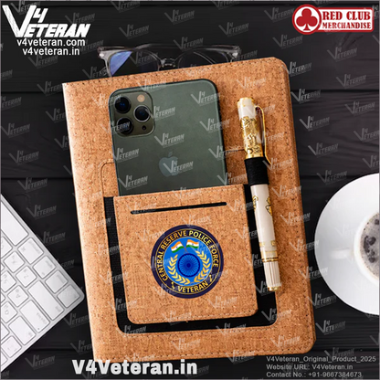 Classic CRPF (Veteran) Office Notebook with Phone–Card Pocket & Elastic Pen Loop (cork)