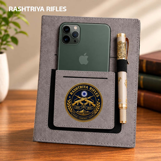 Classic Rashtriya Rifles Office Notebook with Phone–Card Pocket & Elastic Pen Loop