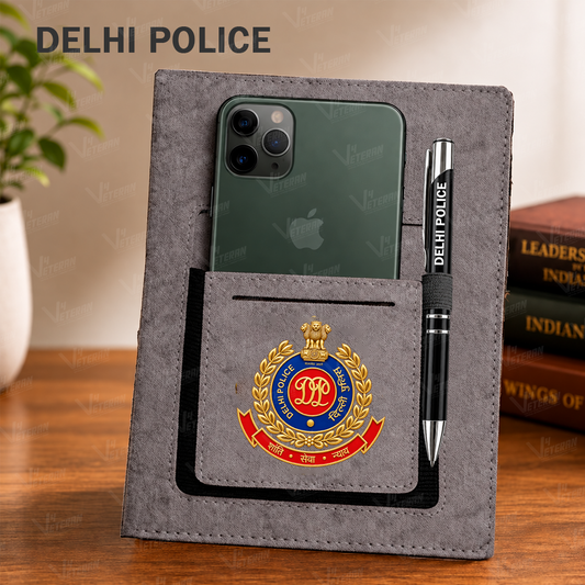 Classic DELHI POLICE Office Notebook with Phone–Card Pocket & Elastic Pen Loop