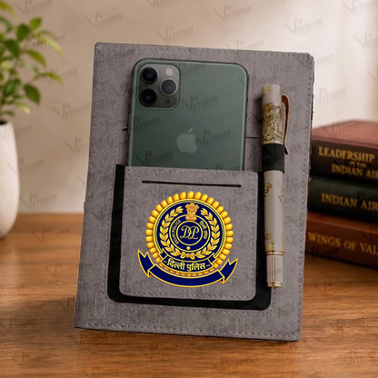 Classic DELHI POLICE Office Notebook with Phone–Card Pocket & Elastic Pen Loop