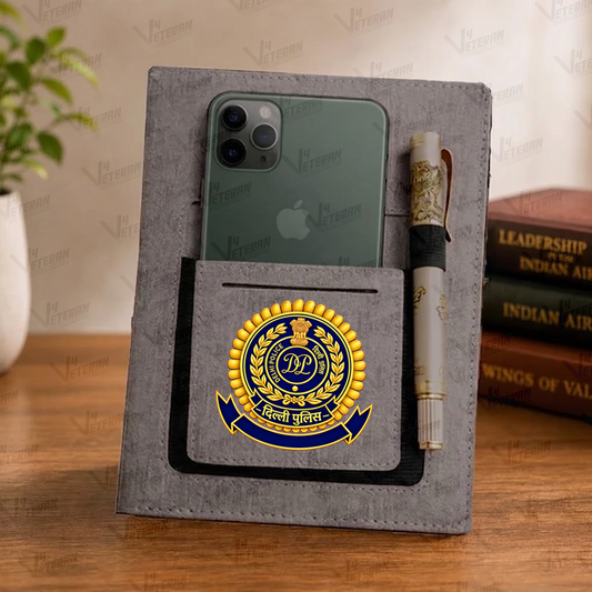 Classic DELHI POLICE Office Notebook with Phone–Card Pocket & Elastic Pen Loop