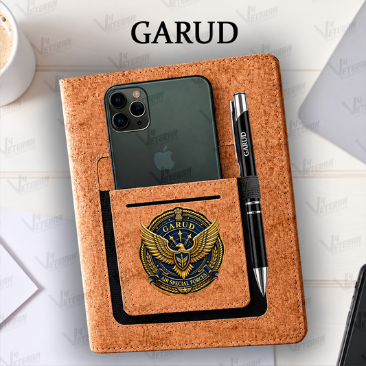 Legacy Garud (Veteran) Office Notebook with Phone–Card Pocket & Elastic Pen Loop (cork)