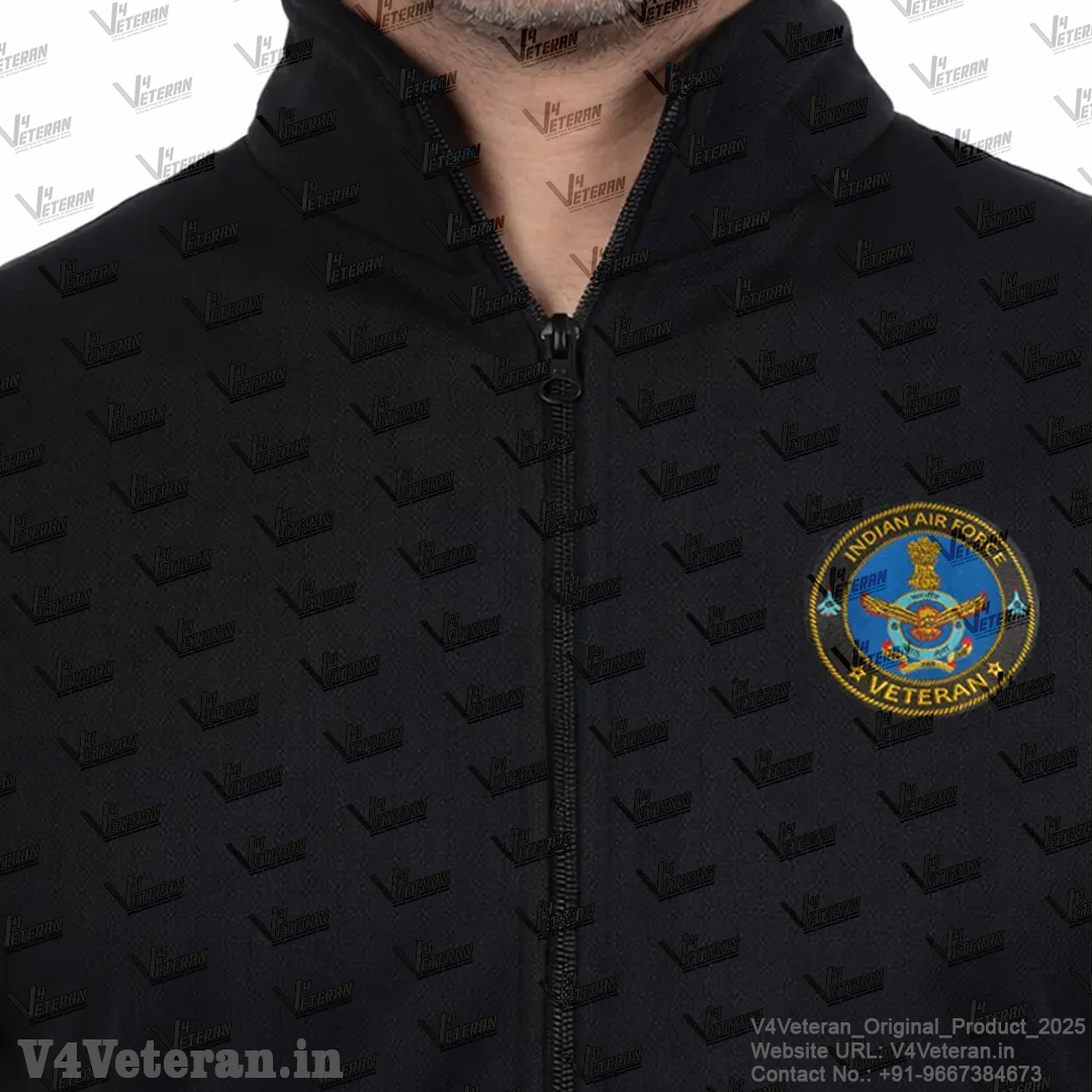 Indian Air Force Jacket (Zipper, Cotton Fleece 340GSM) for Veterans (Black)
