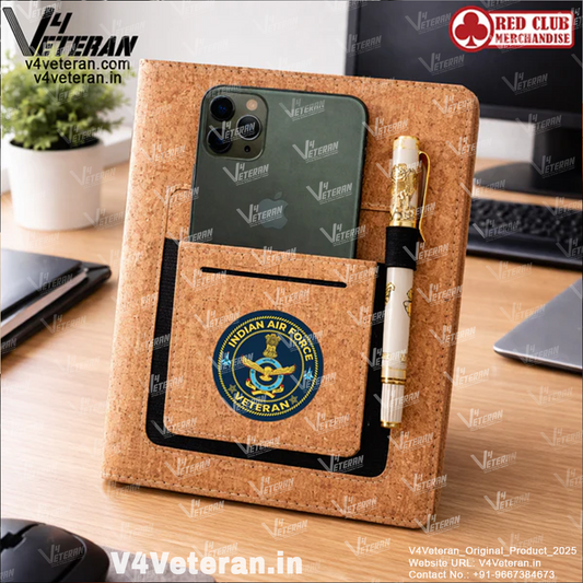 Indian Air Force (Veteran) Office Notebook with Phone–Card Pocket & Elastic Pen Loop (cork)