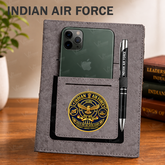 Classic Indian Air Force Notebook with Phone–Card Pocket & Elastic Pen Loop