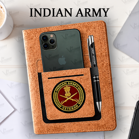 Classic Indian Army (Veteran) Office Notebook with Phone–Card Pocket & Elastic Pen Loop (cork)