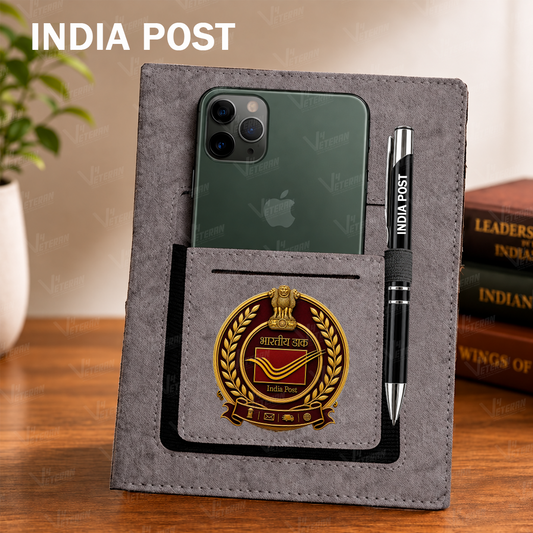 Classic India Post Office Notebook with Phone–Card Pocket & Elastic Pen Loop