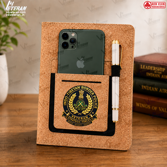 Legacy ITBP (Veteran) Office Notebook with Phone–Card Pocket & Elastic Pen Loop (cork)