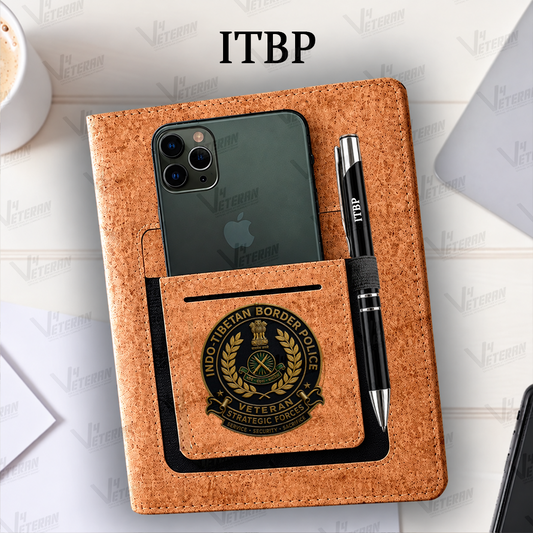 Legacy ITBP (Veteran) Office Notebook with Phone–Card Pocket & Elastic Pen Loop (cork)