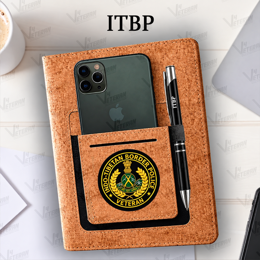 Classic ITBP (Veteran) Office Notebook with Phone–Card Pocket & Elastic Pen Loop (cork)