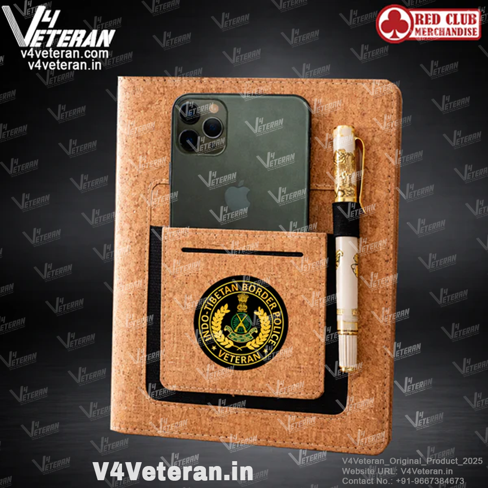 Classic ITBP (Veteran) Office Notebook with Phone–Card Pocket & Elastic Pen Loop (cork)