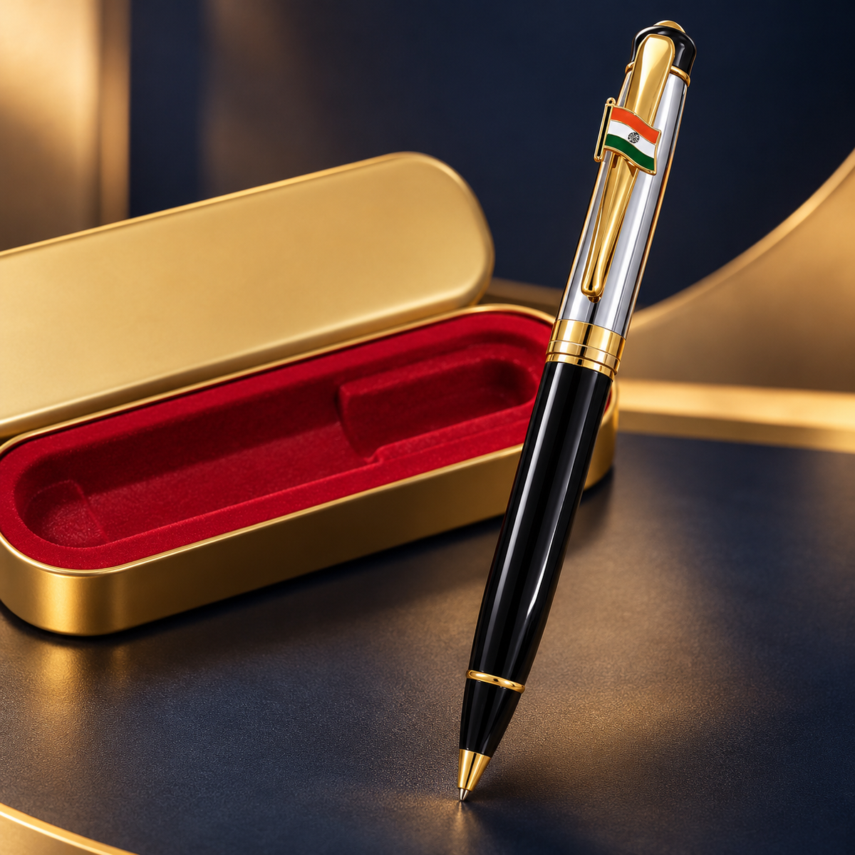 Premium Executive Black & Gold Ballpoint Pen with Indian Flag Clip in Luxury Gift Box