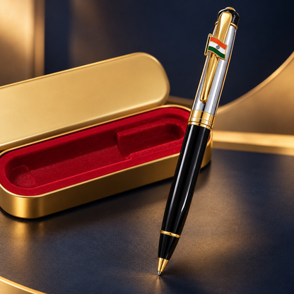 Premium Executive Black & Gold Ballpoint Pen with Indian Flag Clip in Luxury Gift Box