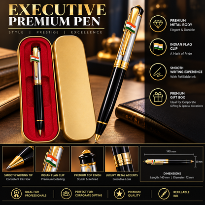 Premium Executive Black & Gold Ballpoint Pen with Indian Flag Clip in Luxury Gift Box
