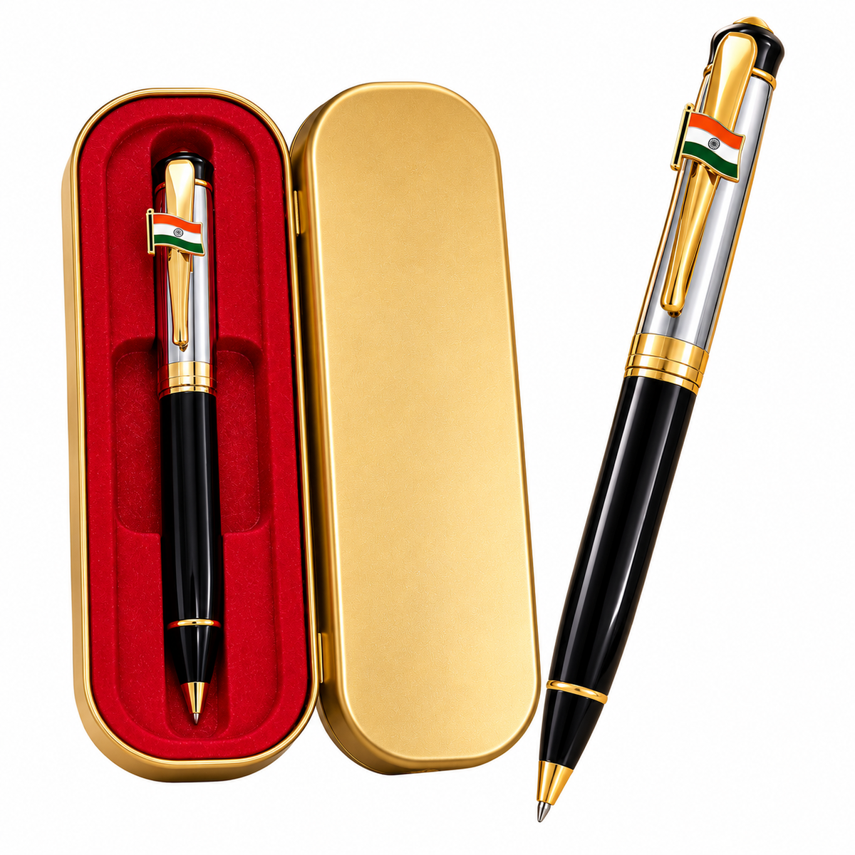 Premium Executive Black & Gold Ballpoint Pen with Indian Flag Clip in Luxury Gift Box
