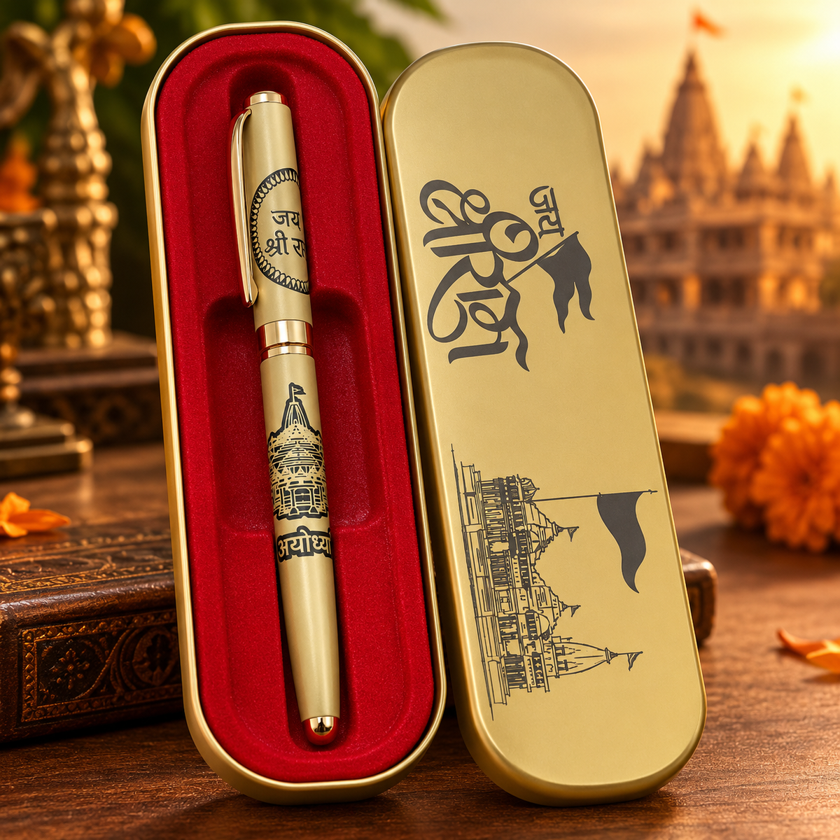 Ayodhya Jai Shri Ram Premium Gold Ballpoint Pen with Temple Design and Luxury Red Velvet Gift Box