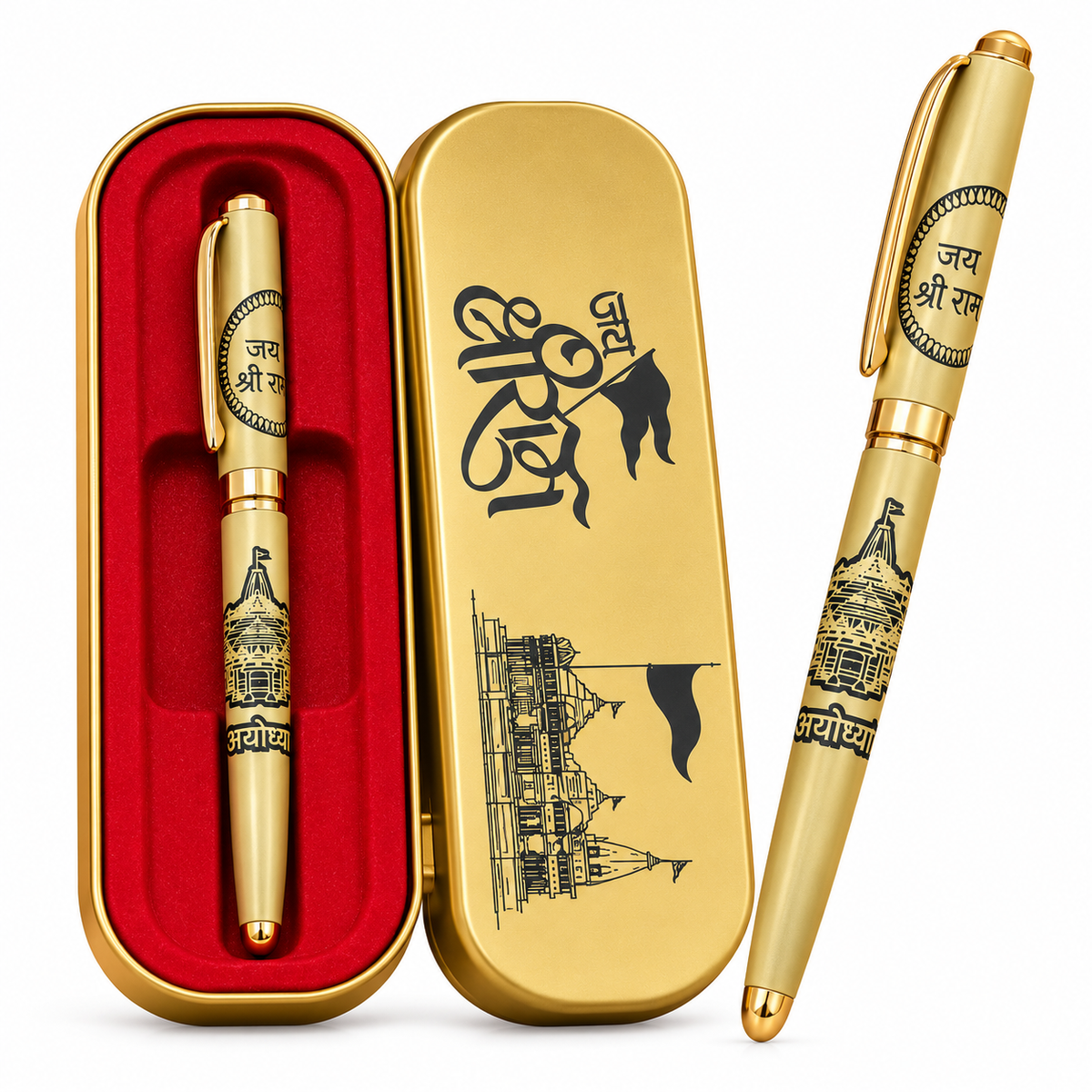 Ayodhya Jai Shri Ram Premium Gold Ballpoint Pen with Temple Design and Luxury Red Velvet Gift Box