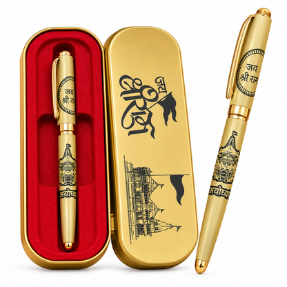 Ayodhya Jai Shri Ram Premium Gold Ballpoint Pen with Temple Design and Luxury Red Velvet Gift Box