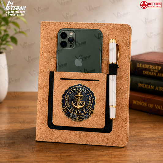 Legacy Indian Navy (Veteran) Office Notebook with Phone–Card Pocket & Elastic Pen Loop (cork)